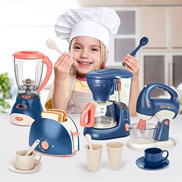 NM55996 Play Kitchen Appliances Toy Set with Coffee Maker Machine & Blender