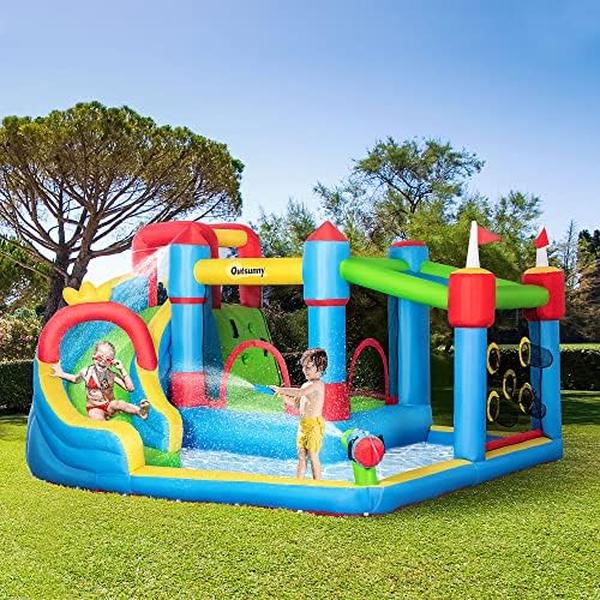 NM56622 6-in-1 Inflatable Water Park Castle Bounce House Includes Slide Water for Kids