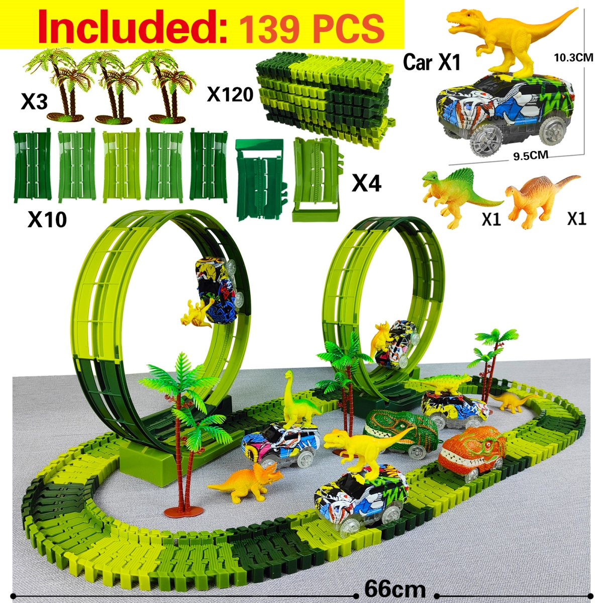 NM62726 139 PCS Magic Climbing electric dinosaur car Track Railway Toy Car Set Bend Flexible Race Track Flash Light Car Excellent Toy For Kid