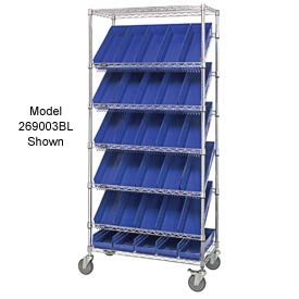 Picture of Global Industries 269002BL Easy Access Slant Shelf Chrome Wire Cart with 48 4 in. Shelf Bins&#44; Blue - 36 x 18 x 74 in.