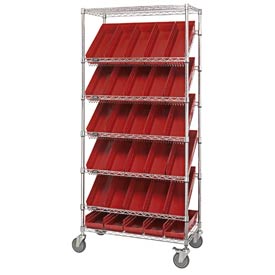Picture of Global Industries 269003RD Easy Access Slant Shelf Chrome Wire Cart with 30 4 in. Shelf Bins&#44; Red - 36 x 18 x 74 in.