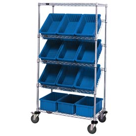 Picture of Global Industries 268999BL Easy Access Slant Shelf Chrome Wire Cart with 12 3.5 in. Grid Containers&#44; Blue - 36 x 18 x 63 in.