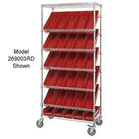 Picture of Global Industries 269004RD Easy Access Slant Shelf Chrome Wire Cart with 24 4 in. Shelf Bins&#44; Red - 36 x 18 x 74 in.