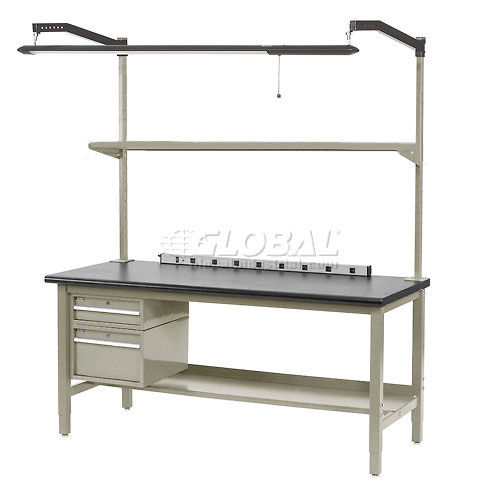 319253TN 72 x 30 in. Production Workbench - Phenolic Resin Safety Edge with Drawers & Shelf, Tan