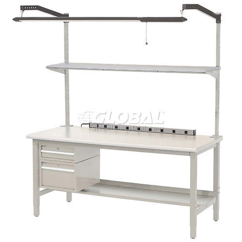 318999TN 96 x 30 in. Production Workbench - Plastic Laminate Square Edge with Drawer, Upright & Shelf, Tan