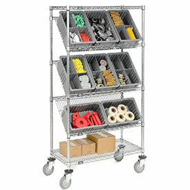 Picture of Global Industries 493422BL Easy Access Slant Shelf Chrome Wire Cart with 8 Grid Containers&#44; Blue - 36 x 18 x 63 in.