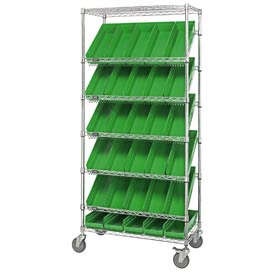 Picture of Global Industries 269003GN Easy Access Slant Shelf Chrome Wire Cart with 30 4 in. Shelf Bins&#44; Green - 36 x 18 x 74 in.