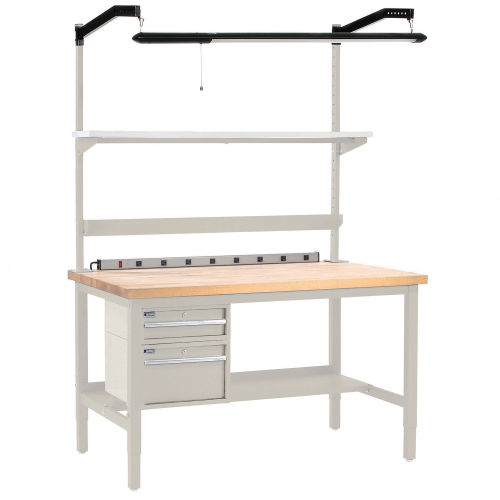 96 x 30 in. Production Workbench - Maple Butcher Block Square Edge with Drawers & Shelf, Tan