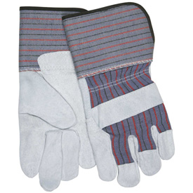 Memphis Leather Palm Gloves with 4.5 in. Rubberized Gauntlet Cuff - Large - 1 Dozen - Blue - Red & Black Stripe