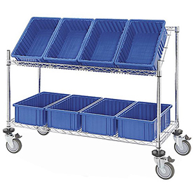 493427BL Easy Access Slant Shelf Chrome Wire Cart with 8 Grid Containers, Blue - 48 x 18 x 48 in.