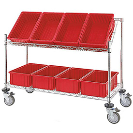 493427RD Easy Access Slant Shelf Chrome Wire Cart with 8 Grid Containers, Red - 48 x 18 x 48 in.