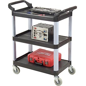 987381 Black 3-Shelf Plastic Serving Utility Cart, 200 lbs