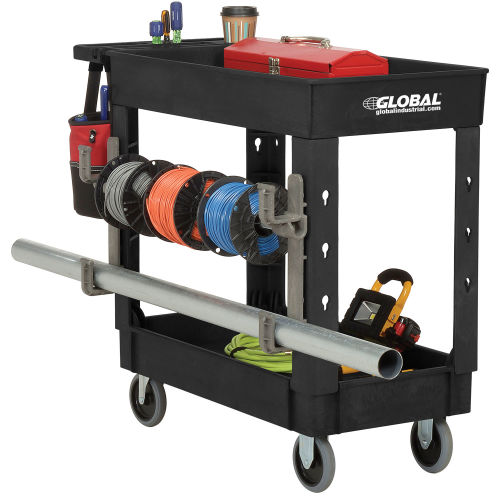 Plastic 2 Shelf Tray Black Service & Utility Cart - 38 x 17.5 - 5 in. Rubber Casters
