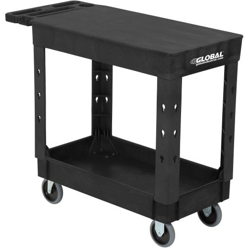 Plastic 2 Shelf Flat Black Service & Utility Cart, 38 x 17.5, 5 in. Rubber Casters