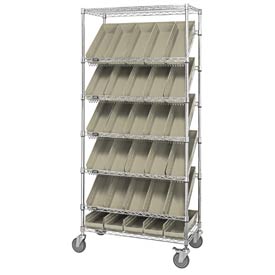 Picture of Global Industries 269003BG Easy Access Slant Shelf Chrome Wire Cart with 30 4 in. Shelf Bins&#44; Ivory - 36 x 18 x 74 in.