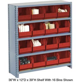 Global Industrial 603271RD Steel Closed Shelving with 28 Red Plastic Stacking Bins 10 Shelves - 36 x 12 x 73 in.