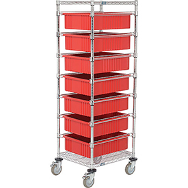 Chrome Wire Cart with 7 6 in. Grid Containers - Red - 21 x 24 x 69 in.