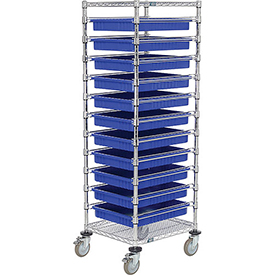Chrome Wire Cart with 11 Grid Containers Blue - 21 x 24 x 69 in.