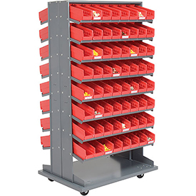 Picture of Global 603428RD 16 Shelf Double-Sided Mobile Pick Rack with 128 Red Plastic Shelf Bins&#44; 4 in.