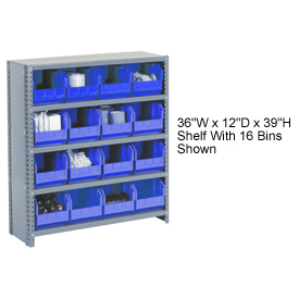 Picture of Global 603257BL Steel Closed Shelving with 15 Blue Plastic Stacking Bins 6 Shelves - 36 x 12 x 39 in.