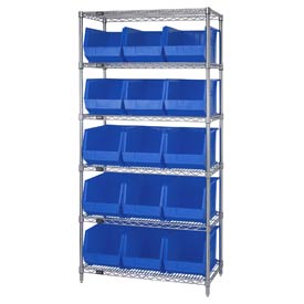 36 x 18 x 74 in. Chrome Wire Shelving with 15 Giant Plastic Stacking Bins - Blue