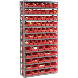 Global Industrial 603442RD 36 x 12 x 72 in. Steel Shelving with 81 Plastic Shelf 13 Shelves Bins, Red