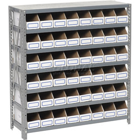 Global Industrial 235016 36 x 12 x 39 in. Steel Open Shelving with 48 Corrugated Shelf Bins - 7 Shelves