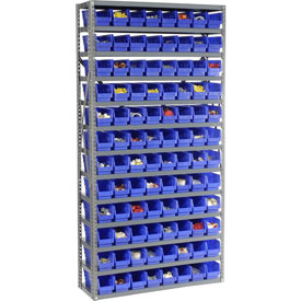 Global Industrial 603443BL 36 x 12 x 73 in. Steel Shelving with 96 Plastic Shelf 13 Shelves Bins, Blue
