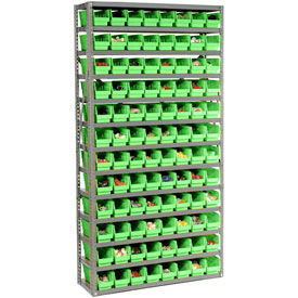 Global Industrial 603443GN 36 x 12 x 72 in. Steel Shelving with 96 Plastic Shelf 13 Shelves Bins, Green