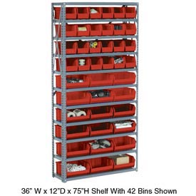 Picture of Global 506209RD 36 x 18 x 73 in. Steel Open Shelving with 10 Red Plastic Stacking Bins & 8 Shelves