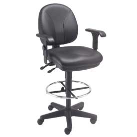 Leather Task Stool with Arms with 360 deg Footrest - Black