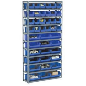 Steel Open Shelving with 36 Blue Plastic Stacking Bins 10 Shelves - 36 x 18 x 73 in.