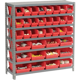 Steel Shelving with 36 Red Plastic Bins - 36 x 18 x 39 in. - 7 Shelves - Heavy-Duty