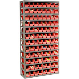 Global Industrial 603443RD Steel Shelving with 96 4 in. Plastic Shelf Bins, Red - 36 x 12 x 72 in. - 13 Shelves