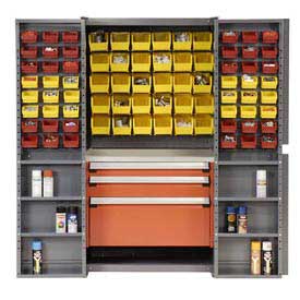 Security Work Center & Storage Cabinet with Shelves - 3 Drawers - Yellow with Red Bins