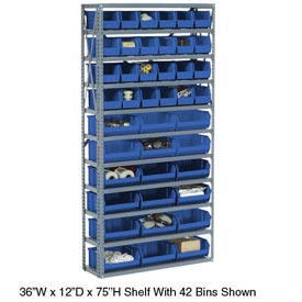 Global Industrial 506208BL Steel Open Shelving with 15 Blue Plastic Stacking Bins 8 Shelves - 36 x 18 x 73 in. - Gray
