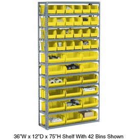 Global Industrial 506209YL Steel Open Shelving with 10 Yellow Plastic Stacking Bins 8 Shelves - 36 x 18 x 73 in. - Gray