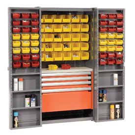 Security Work Center & Storage Cabinet with Shelves - 4 Drawers - Yellow & Red Bins - Gray