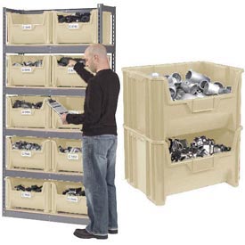 Steel Boltless Wood Deck Shelving with 10 Plastic Hopper Bins - Beige - 42 x 15 x 84