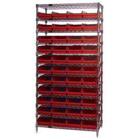 Chrome Wire Shelving with 44 Red Plastic Bins - 36 x 18 x 74 in. - Heavy Duty
