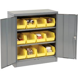 Locking Storage Cabinet with 12 Yellow Stacking Bins & 2 Shelves Assembled - Gray - 36 x 18 x 42 in.