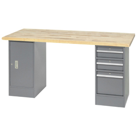 Global Industrial 607647 72 x 30 in. Pedestal Workbench with 3 Drawers & Cabinet, Maple Butcher Block Safety Edge, Gray