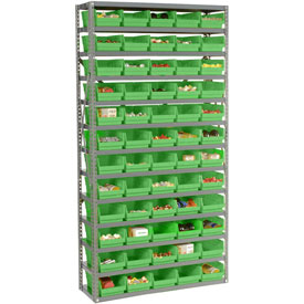 Global Industrial 603440GN Steel Shelving with 60 4 in. Plastic 13 Shelves Shelf Bins, Green - 36 x 12 x 72 in.
