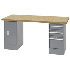 Global Industrial 300752 72 x 30 in. Pedestal Workbench with 3 Drawers & 1 Cabinet, Shop Top Safety Edge, Gray