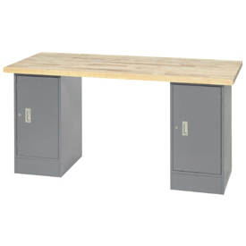 Global Industrial 607653 72 x 30 in. Pedestal Workbench with 2 Cabinets, Maple Butcher Block Square Edge, Gray