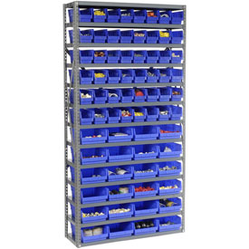 Global Industrial 603441BL 36 x 12 x 72 in. Steel Shelving with Total 72 4 in. Plastic Shelf Bins, Blue - 13 Shelves