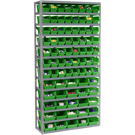Global Industrial 603442GN 36 x 12 x 72 in. Steel Shelving with Total 81 4 in. Plastic Shelf Bins, Green - 13 Shelves