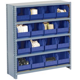 Global Industrial 603263BL Steel Closed Shelving with 8 Blue Plastic Stacking Bins 5 Shelves, Gray - 36 x 18 x 39 in.