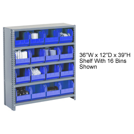 Global Industrial 603267BL Steel Closed Shelving with 60 Blue Plastic Stacking Bins 11 Shelves, Gray - 36 x 12 x 73 in.