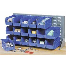 Louvered Bench Rack with 32 of Blue Premium Stacking Bins - Gray